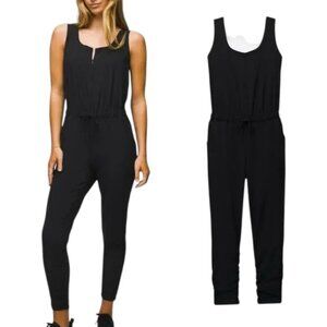 Prana Railay Zip-Front Ruched Ankle Jumpsuit S Black